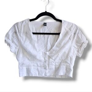 Windsor White Eyelet Lace V-Neck Button Down Puff Sleeve Crop Top Size Small